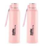 Cello Puro Steel-X Benz Water Bottle with Inner Steel and Outer Plastic, 900 ml, Set of 2(Pink)