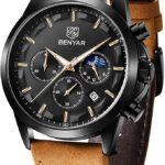 BENYAR Men's chronograph Dress Watch (Black Dial, Brown Band)