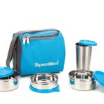 Signoraware Best Stainless Steel Lunch Box, Blue (500 Ml+350 Ml+200 Ml) | with Steel Tumbler 370 Ml