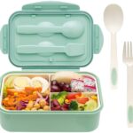 Delcy Leak Proof 3 Compartment Lunch Box Reusable Freezer Safe Food Containers with Spoon for Adults and Kids , PP Food Grade Plastic (1100 ml Green)