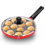 Hawkins 22 cm Appe Pan, Non Stick Paniyaram Pan with Glass Lid, 12 Cups Paniyarakkal Ceramic Pan, Litti Pan, Kuzhi Paniyaram Pan, Ponganalu Pan, Red (NAPE22G)