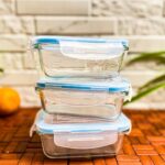 Lemon Tree Rectangle Borosilicate Glass Bowl Lunch Box Tiffin Container with Air Tight LID 330 ml, Set of 3