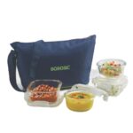Borosil Glass Daisy Microwave Safe Office Tiffin Lunch Box (Blue, 2 pcs 320 ml Square, 2pcs 240 ml Round) -Set of 4