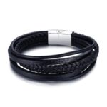 Impression Men's and Women's Black Leather Braided Multi-Layer Bracelet with Double Magnetic-Clasp Wrap Stainless Steel Bracelet