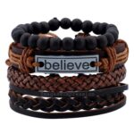 Impression Latest Natural Stone Beads and Stainless Steel Inspirational Believe Words Fashion Set of 4 Genuine Leather Multi Strand Bracelet Wrist Band for Men (Multi Colour)