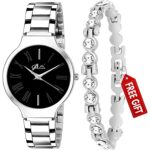 Acnos Brand - A Branded Watch 4 Different Dial Black-Blue-Pink-White Stainless Steel Silver Band with Silver braclet and Watch for Women Watch for Girls