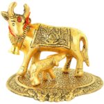 Crafticia Metal Kamdhenu Cow and Calf Idol Silver Finish Holy Spiritual Showpiece for Vastu (11.5 x 10.5 x 9 cm, Gold)