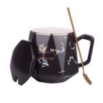 BBRATS Coffee Mug with Lid and Spoon, Ceramic Diamond Shape Coffee Mug, Espresso Mug, Cappuccino Mug (Black, 420 ml)