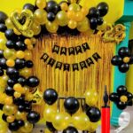BBRATS Black Gold Happy Birthday Decoration items, Set of Happy Birthday Banner, Golden Foil Curtain, Golden Balloons, Black Balloons, Balloon Pump, Arch Tape for Husband Boys Girls