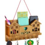 BBRATS  Key Holder for Wall and Home Decor with 8 Key Holder and (mobail) Holder Also Pen Holder Extra Key Stand with Screw for Fitting (Wooden 04)