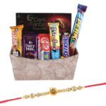 Astonished Retail Surprise Chocolate Gift for Your Loved Ones with Designer Basket | Flower Rakhi with Chocolate for Brother | Rakhi Chocolate Hamper | Roli, Chawal, Chandan, Misri | 244