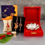 Great Art Rakhi Gift Hamper for Bhaiya Bhabhi - Rakshabandhan Gift Rakhi for Brother - [Rakhi for Brother Combo - Rakhi with Brass Bowl with Velvet Box, Roli Chawal & Greeting Card]GA-02-812