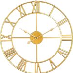 EFINITO Wall Clock Home Decor for Living Room Non-Ticking Iron Art Clocks Roman Numerals Retro Antique Wooden Oversized (Gold) (40 cm)